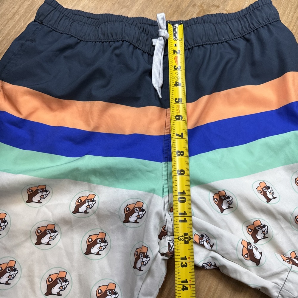 Buc-ees Swim Shorts Mens Medium 7" Inseam Multicolor Striped Beaver Logo Print - Picture 8 of 10